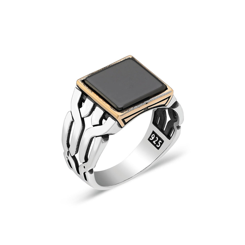Siyah Kare Taşlı Örgü Model Yüzük - 925 GÜMÜŞ