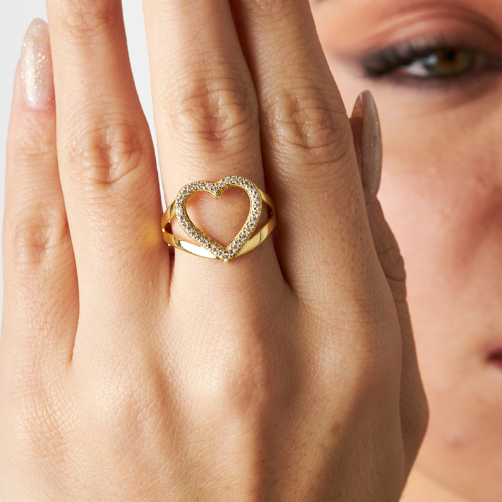 İçi Boş Taşlı Büyük Kalp Yüzük - 925 GÜMÜŞ