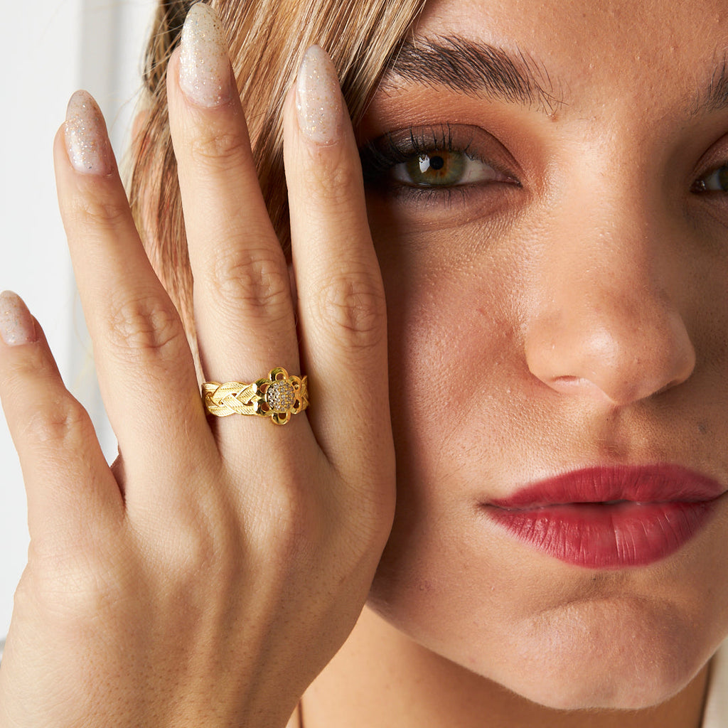 Çiçek Detaylı Örgü Yüzük - 925 GÜMÜŞ