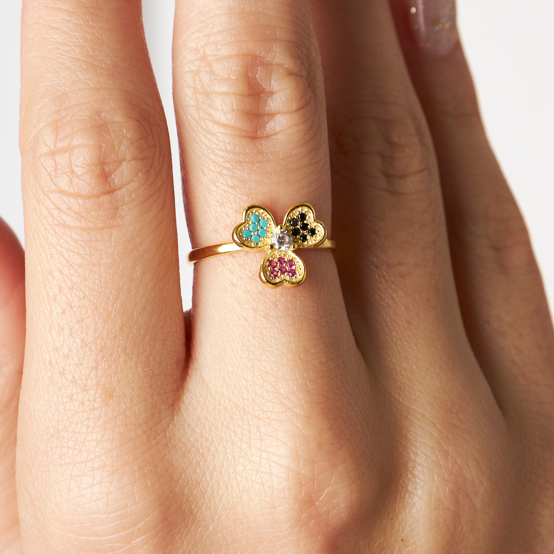 Üç Yapraklı Yonca Taşlı Yüzük - 925 GÜMÜŞ