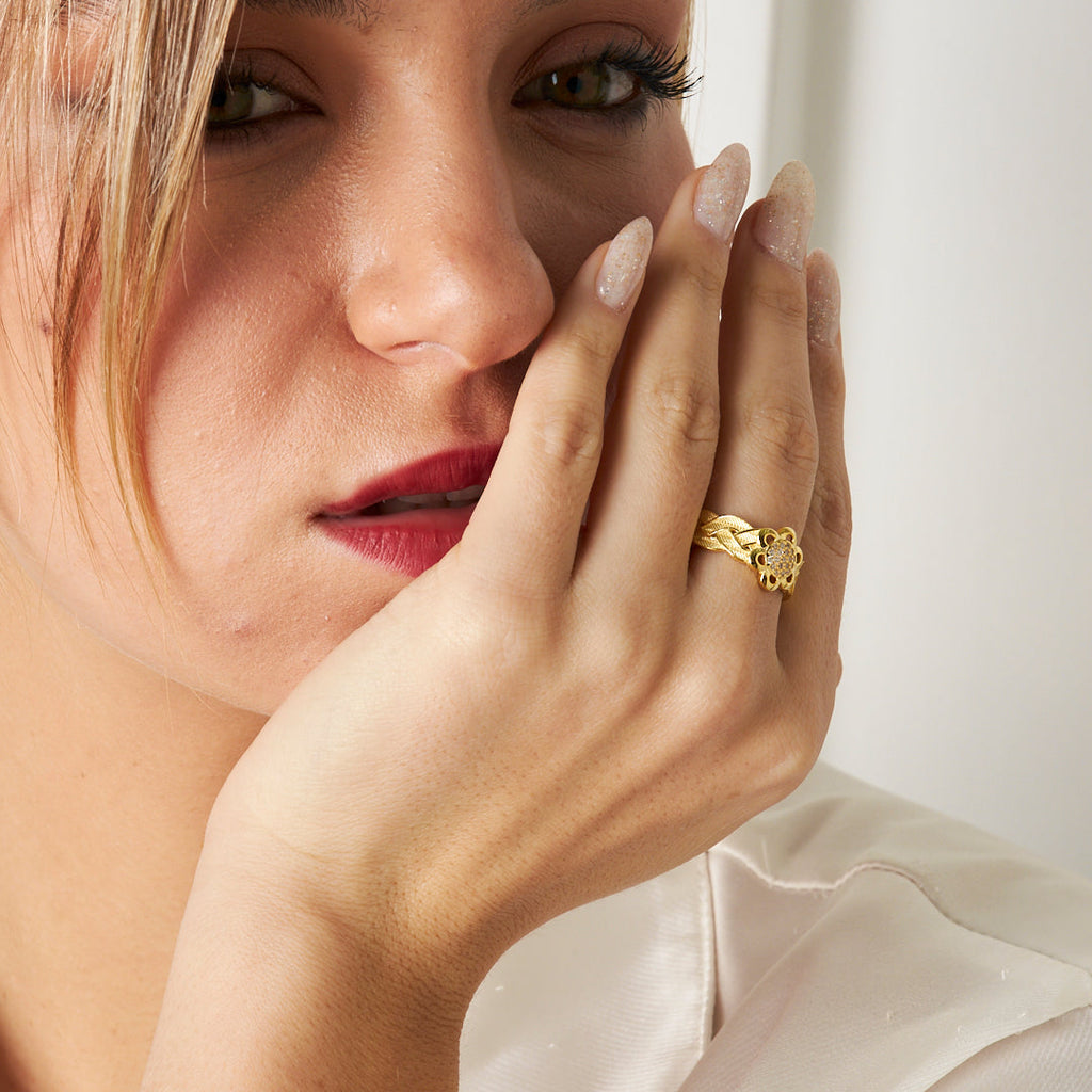 Çiçek Detaylı Örgü Yüzük - 925 GÜMÜŞ