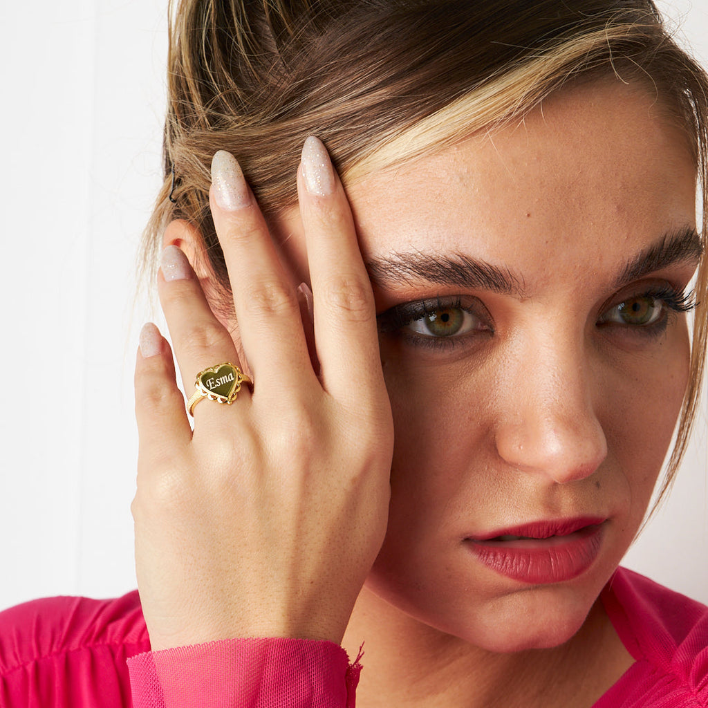 İsim Yazılı, Kalpli Taşsız Yüzük - 925 GÜMÜŞ