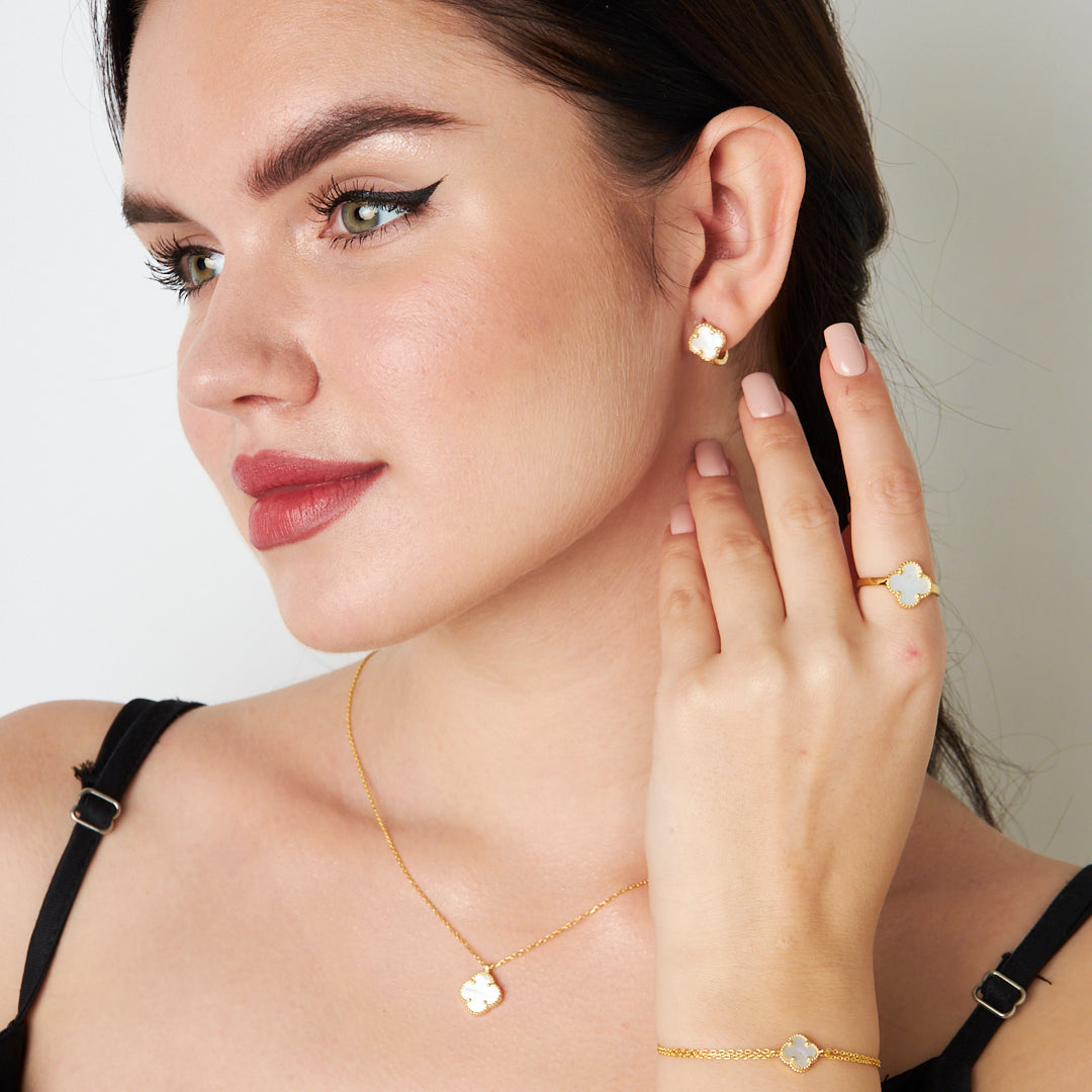 Beyaz Taşlı Yonca Yaprağı Seti - 925 GÜMÜŞ