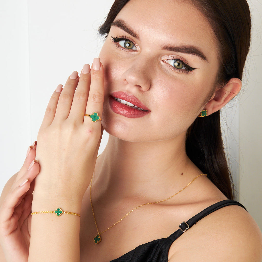 Yeşil Taşlı Yonca Yaprağı Seti - 925 GÜMÜŞ