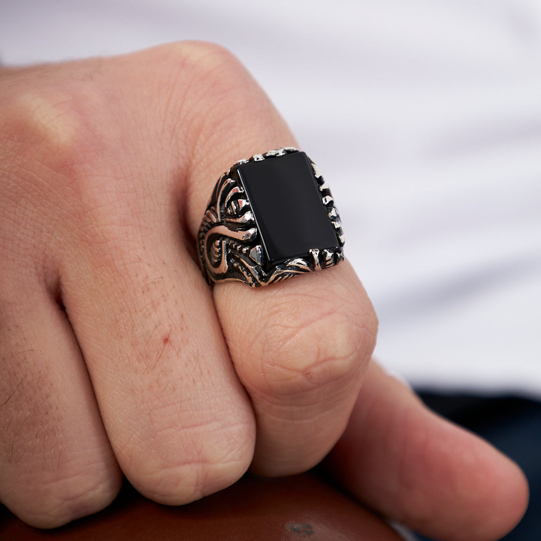 Siyah Dikdörtgen Model Yüzük - 925 GÜMÜŞ