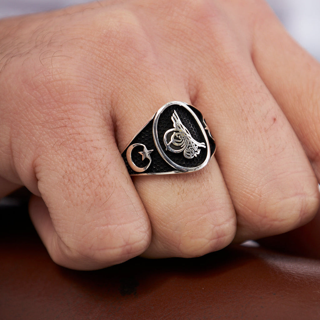 Monogramlı Hilal Yıldızlı Yüzük - 925 GÜMÜŞ