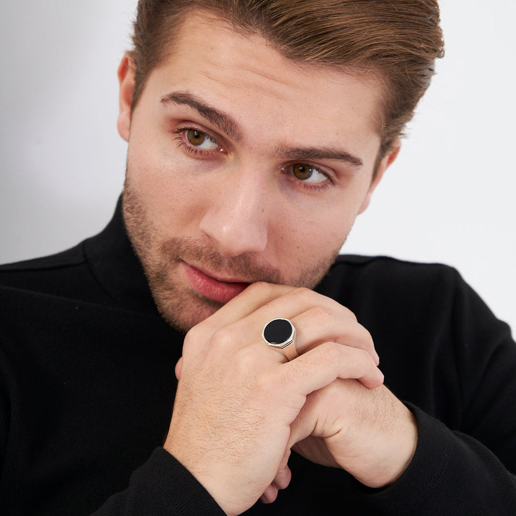 Siyah Taşlı Sekizgen Yüzük - 925 GÜMÜŞ