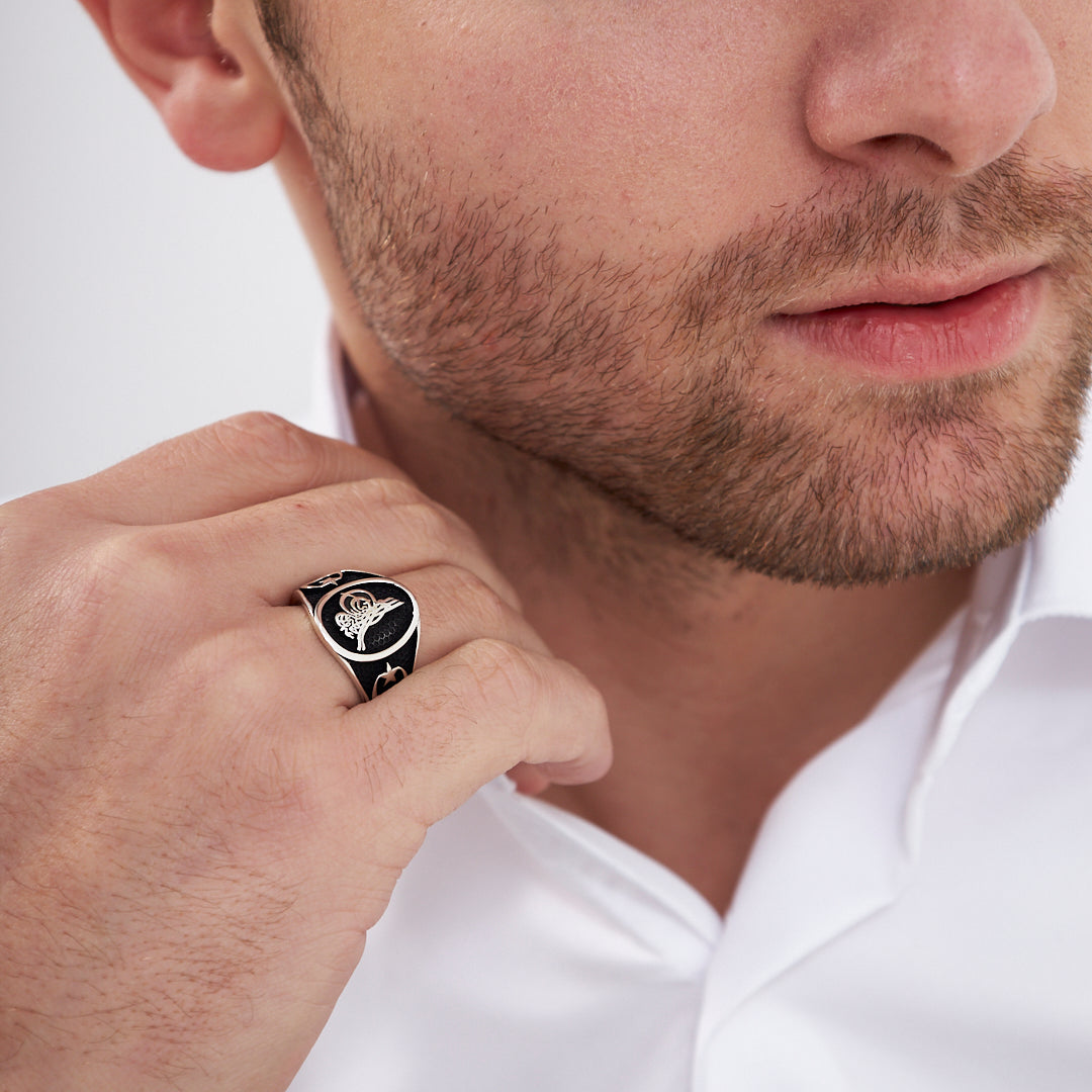 Monogramlı Hilal Yıldızlı Yüzük - 925 GÜMÜŞ