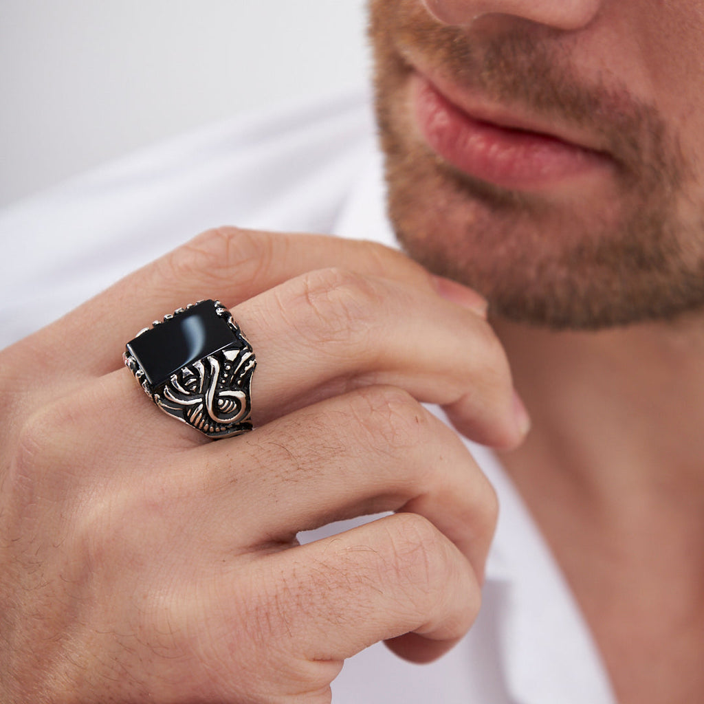 Siyah Dikdörtgen Model Yüzük - 925 GÜMÜŞ