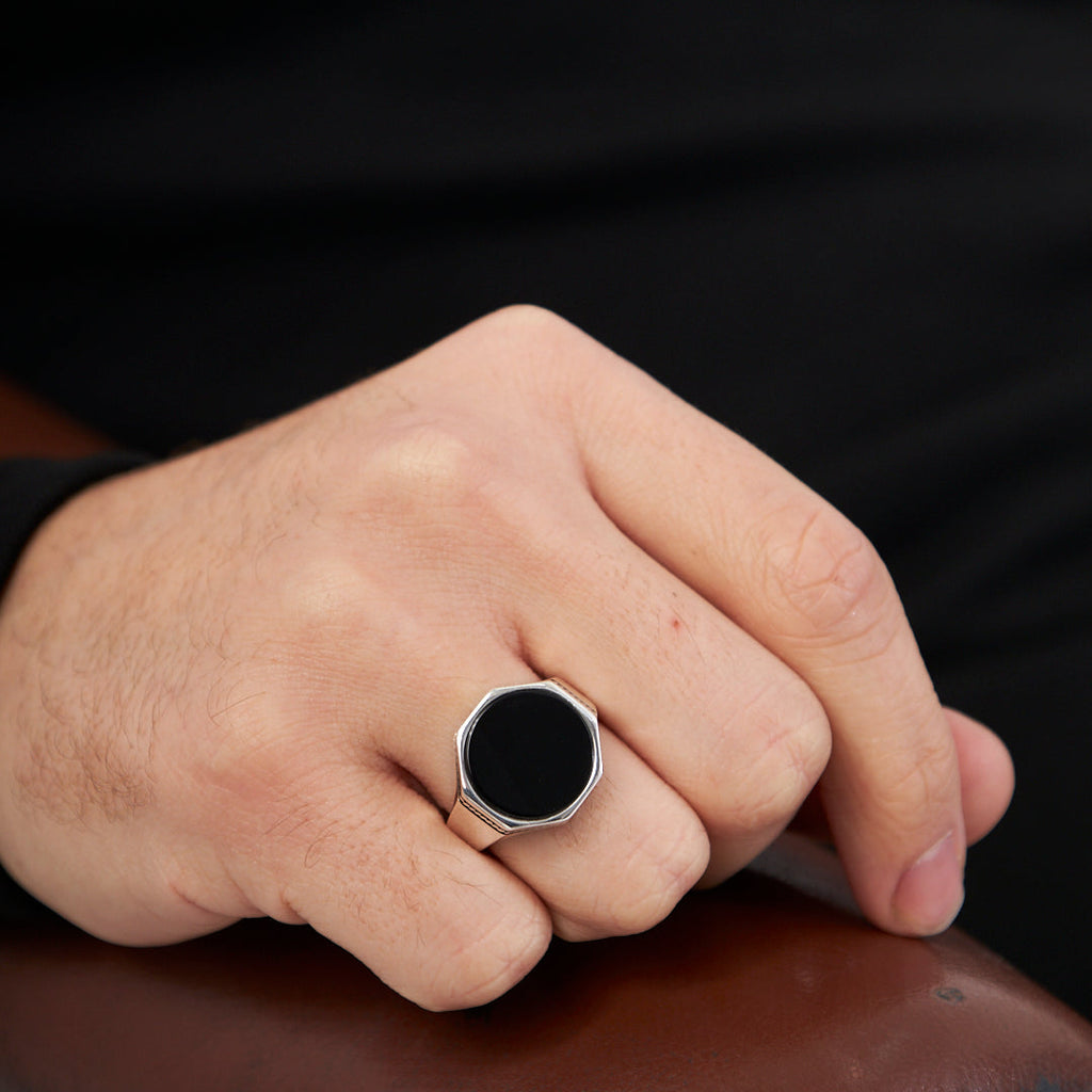 Siyah Taşlı Sekizgen Yüzük - 925 GÜMÜŞ