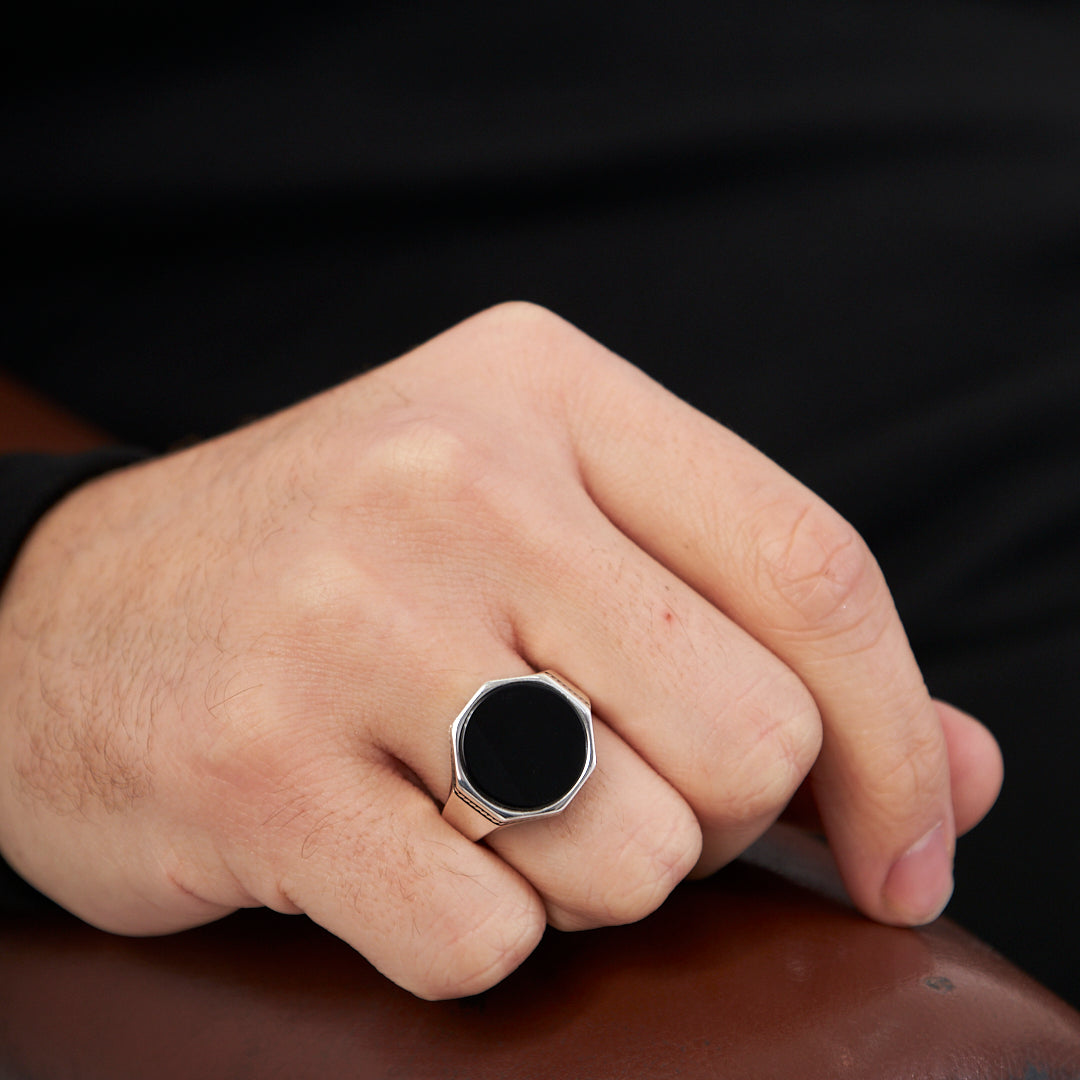 Siyah Taşlı Sekizgen Yüzük - 925 GÜMÜŞ