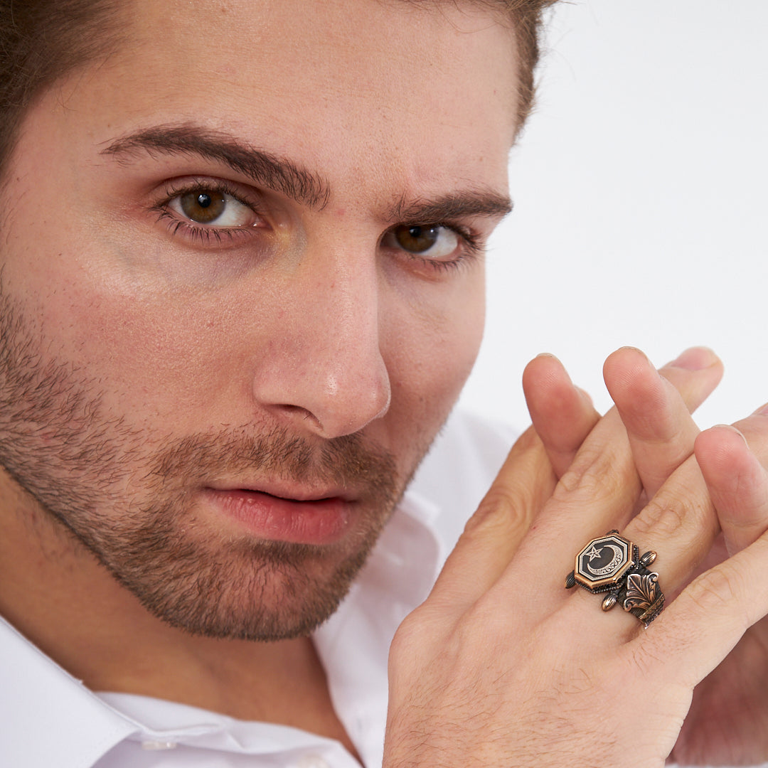 Sekizgen Ay Yıldız Yüzük - 925 GÜMÜŞ