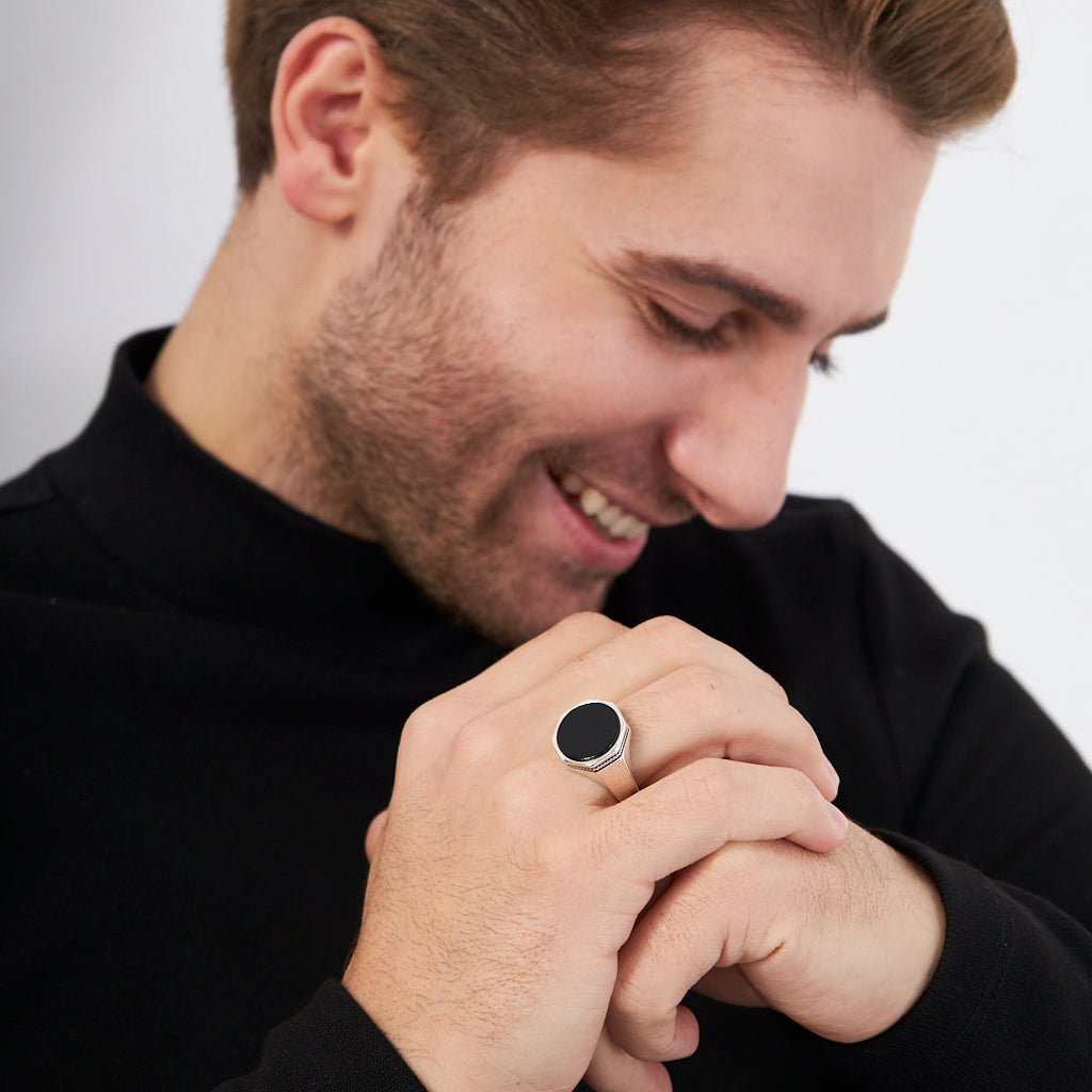 Siyah Taşlı Sekizgen Yüzük - 925 GÜMÜŞ