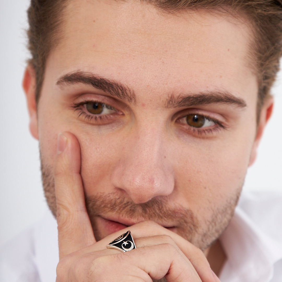 Monogramlı Hilal Yıldızlı Yüzük - 925 GÜMÜŞ