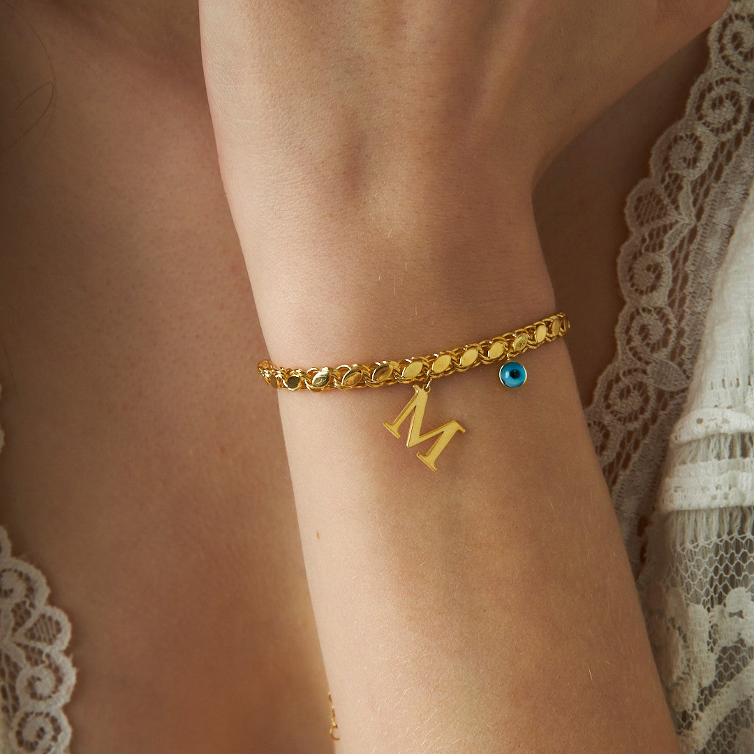 Harfli Pullu Zincir Bileklik - 925 GÜMÜŞ