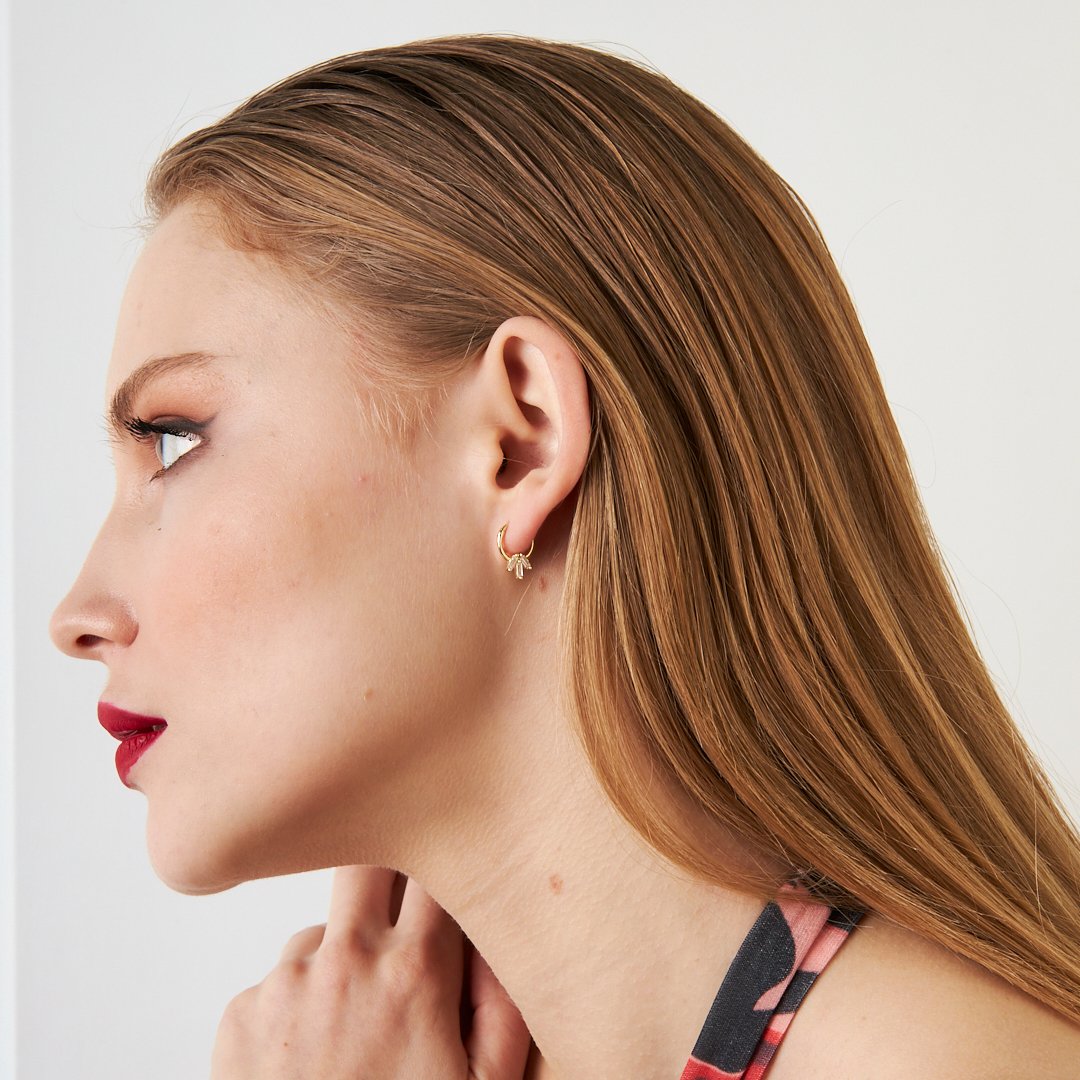 Üç Taşlı Baget Yuvarlak Piercing - 925 GÜMÜŞ