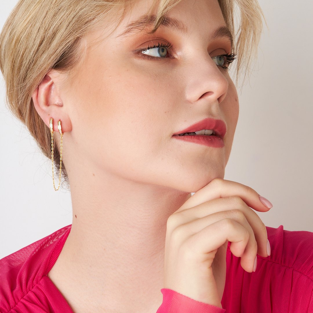 Taşlı Zincir Küpe - 925 GÜMÜŞ