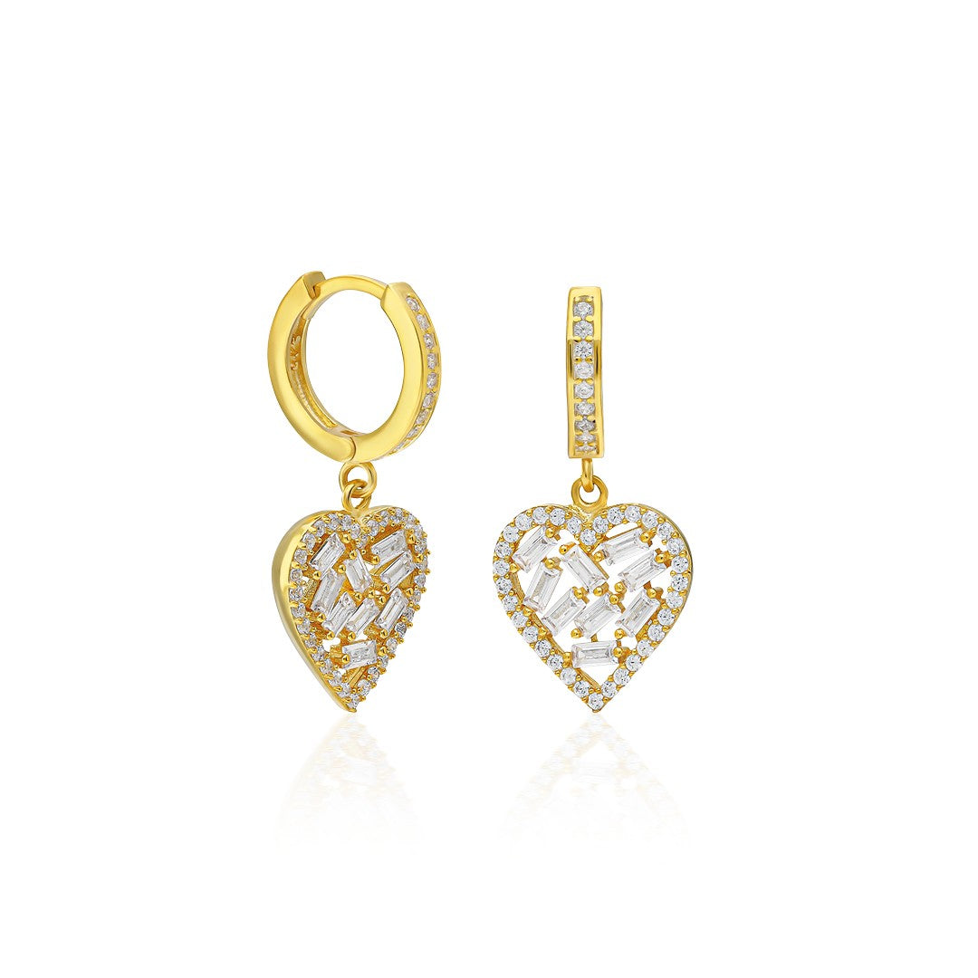 Baget Taşlı Büyük Kalp Küpe - 925 GÜMÜŞ