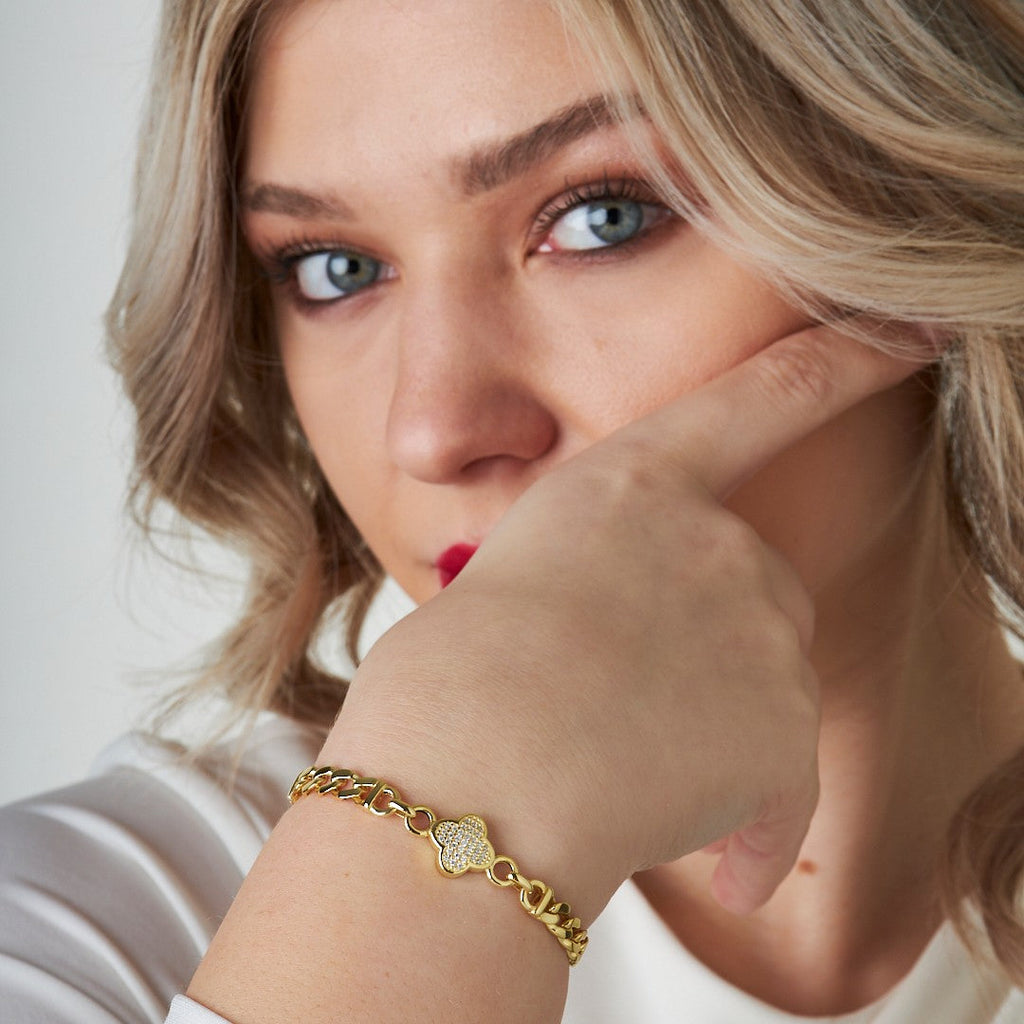 İki Zincirli Taşlı Yonca Bileklik - 925 GÜMÜŞ