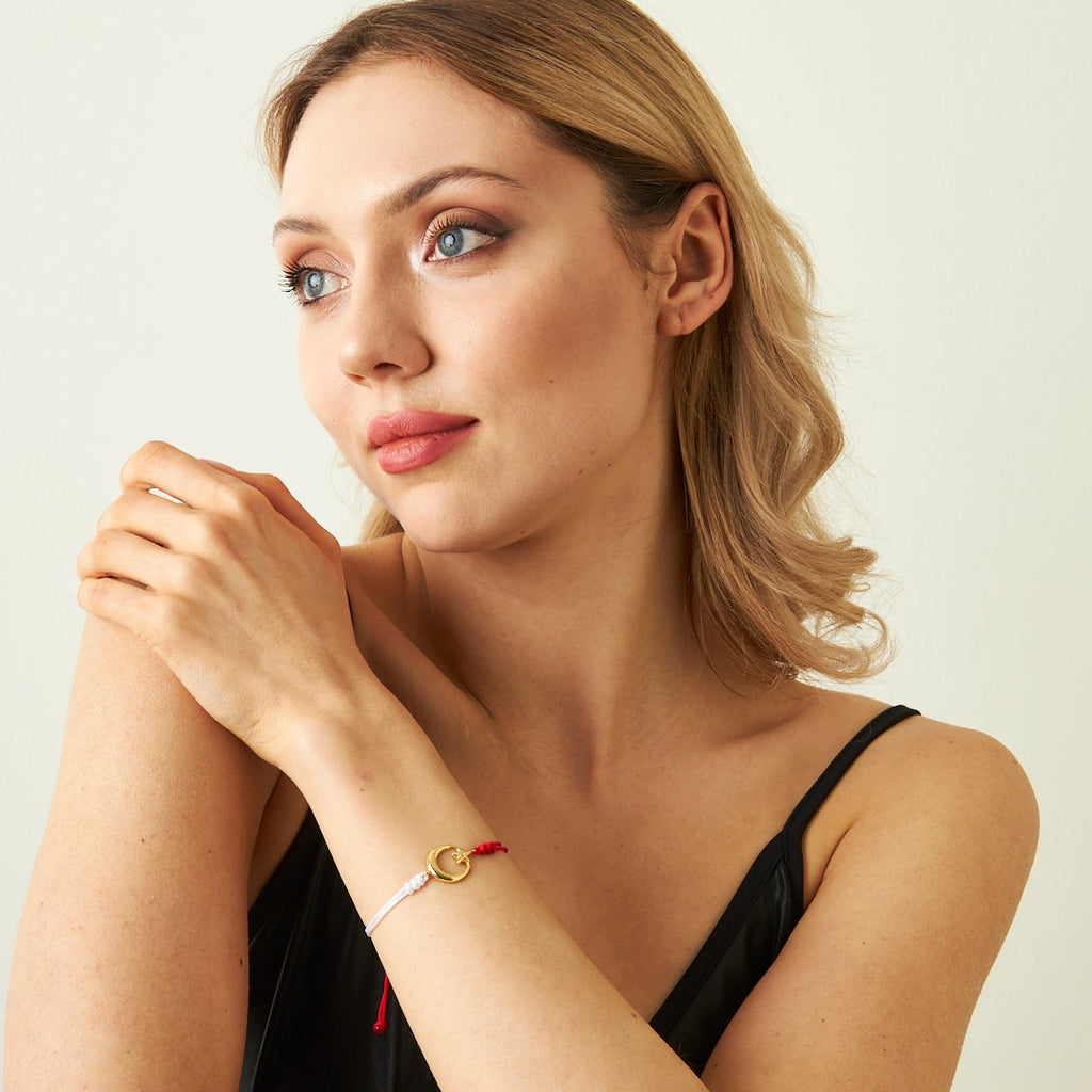 Ay Yıldızlı Kırmızı Ve Beyaz İp Bileklik - 925 GÜMÜŞ