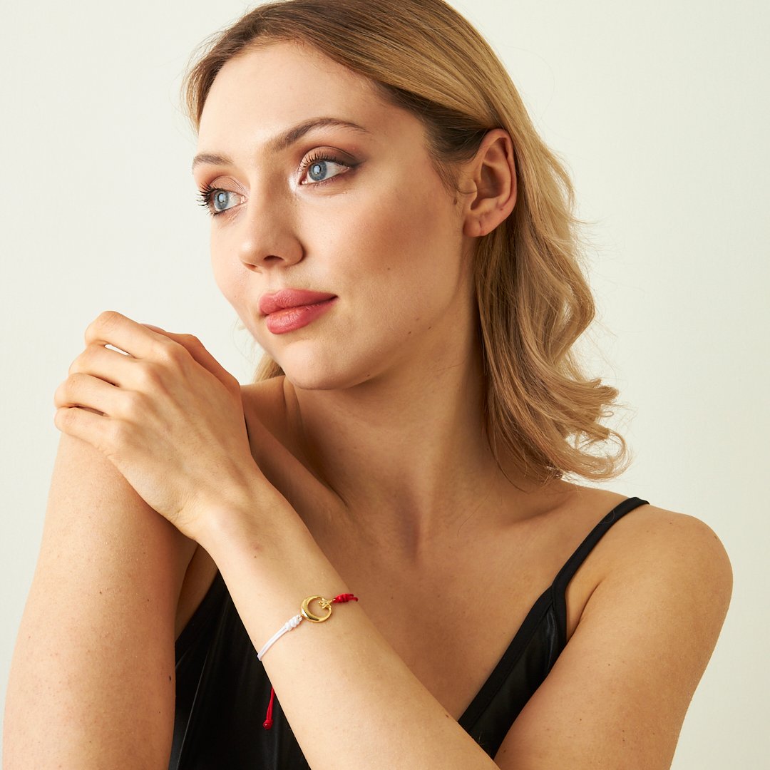 Ay Yıldızlı Kırmızı Ve Beyaz İp Bileklik - 925 GÜMÜŞ