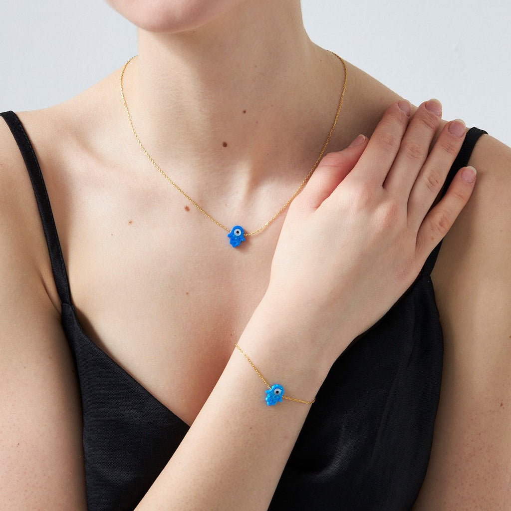 Opal Taşlı Orjinal Fatma Eli Set - 925 GÜMÜŞ