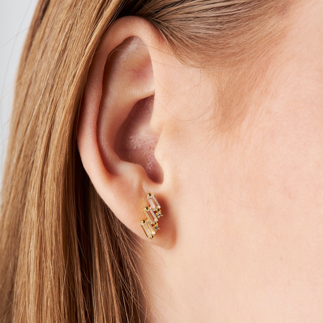 Beyaz Taşlı Baget Piercing - 925 GÜMÜŞ