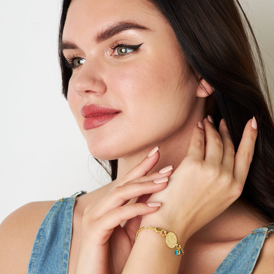 Tuğralı Nazar İşlemeli Zincir Bileklik - 925 GÜMÜŞ