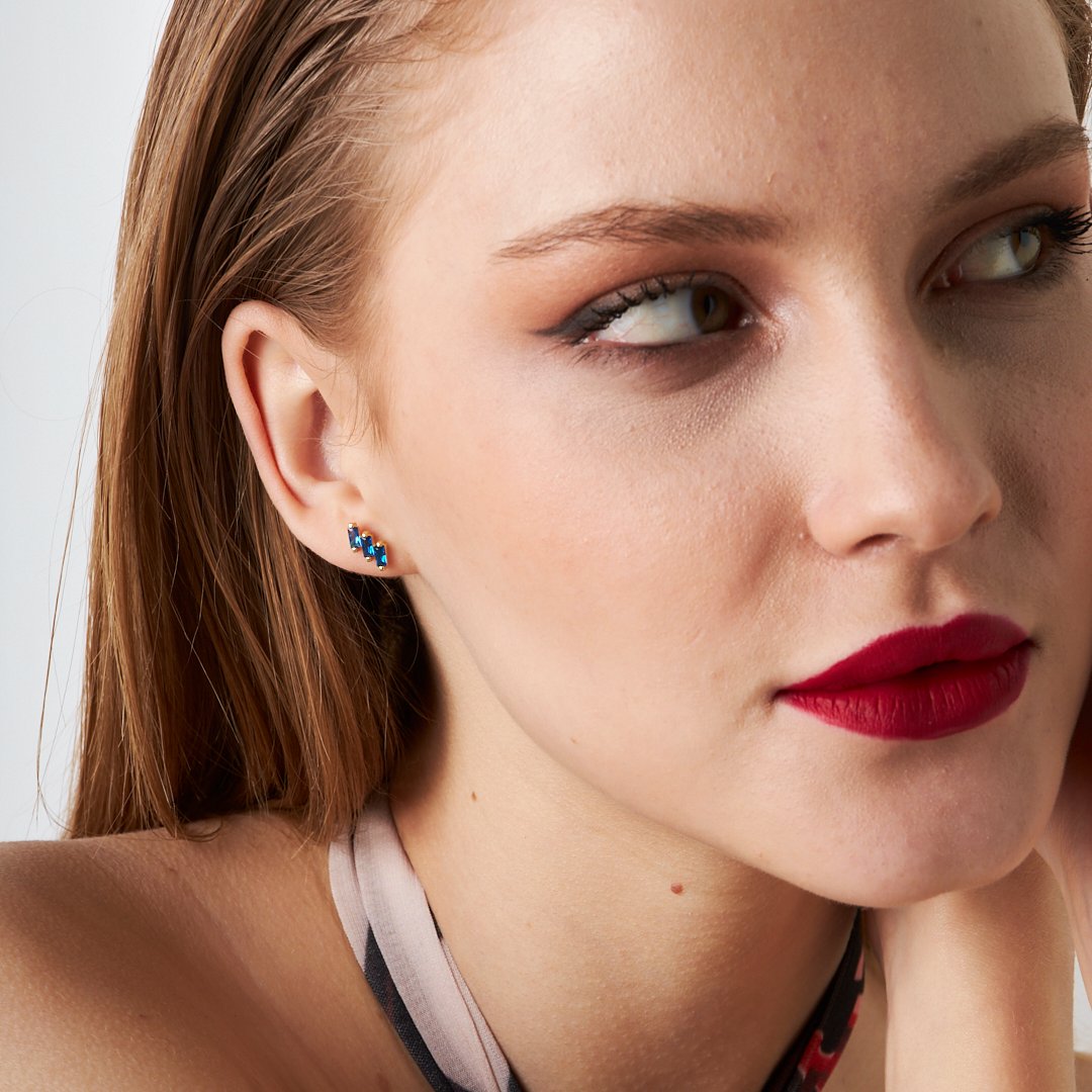 Mavi Taşlı Baget Piercing - 925 GÜMÜŞ