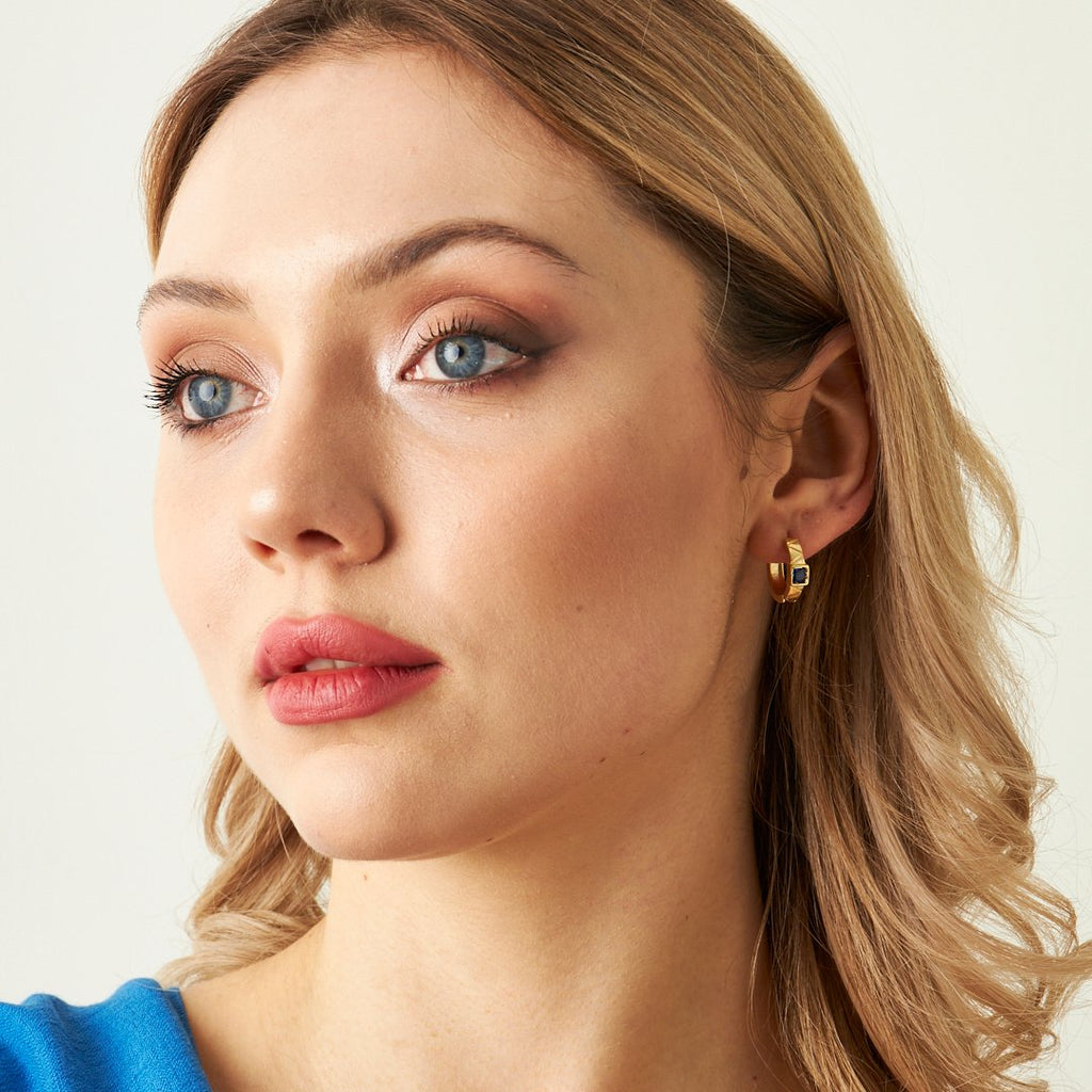 Lacivert Taşlı Çizgili Halka Küpe - 925 GÜMÜŞ