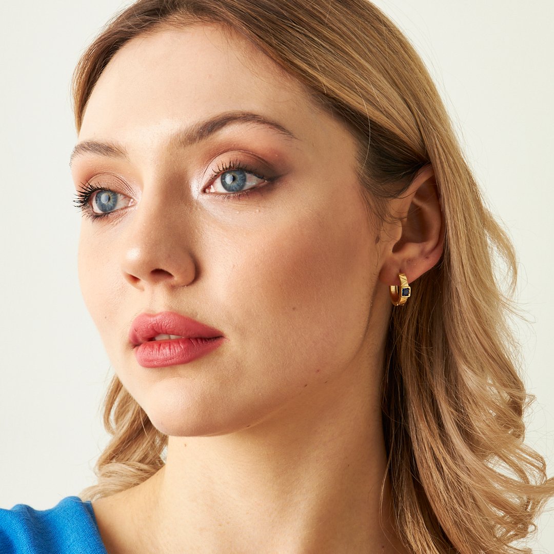 Lacivert Taşlı Çizgili Halka Küpe - 925 GÜMÜŞ