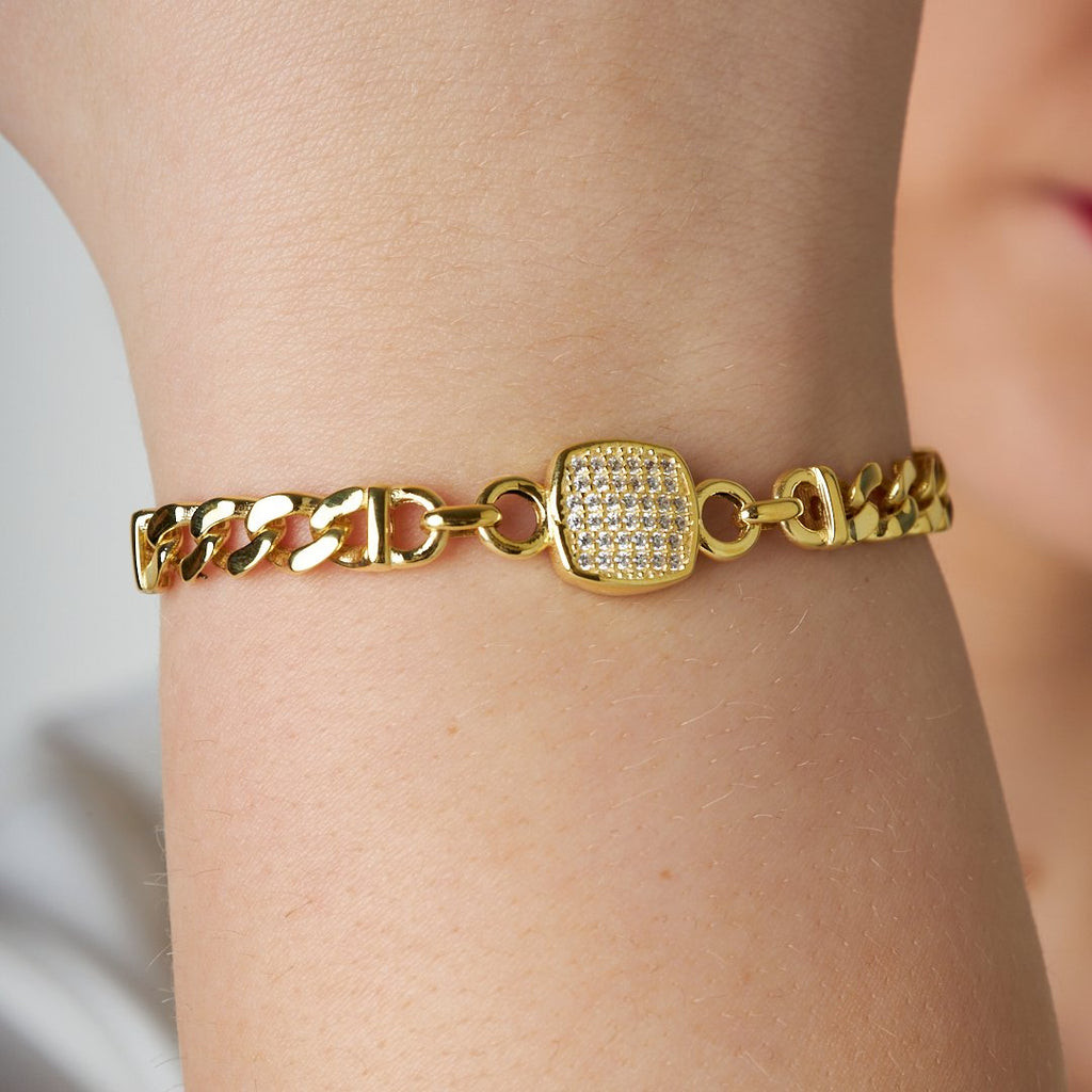 Kare İki Zincirli Taşlı Bileklik - 925 GÜMÜŞ