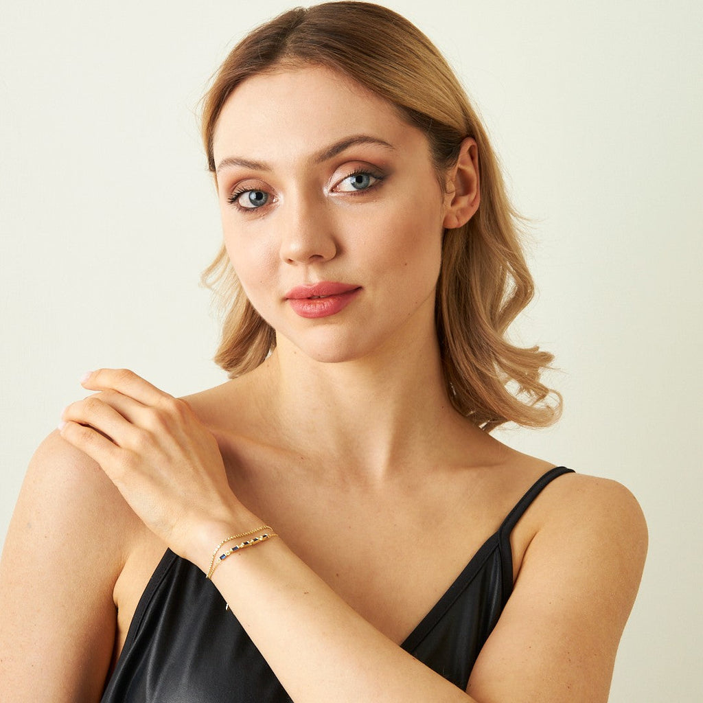 Renkli Taşlı Baget Zincir Bileklik - 925 GÜMÜŞ