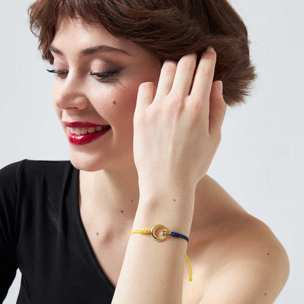 Ay Yıldızlı Sarı Lacivert İp Bileklik - 925 GÜMÜŞ