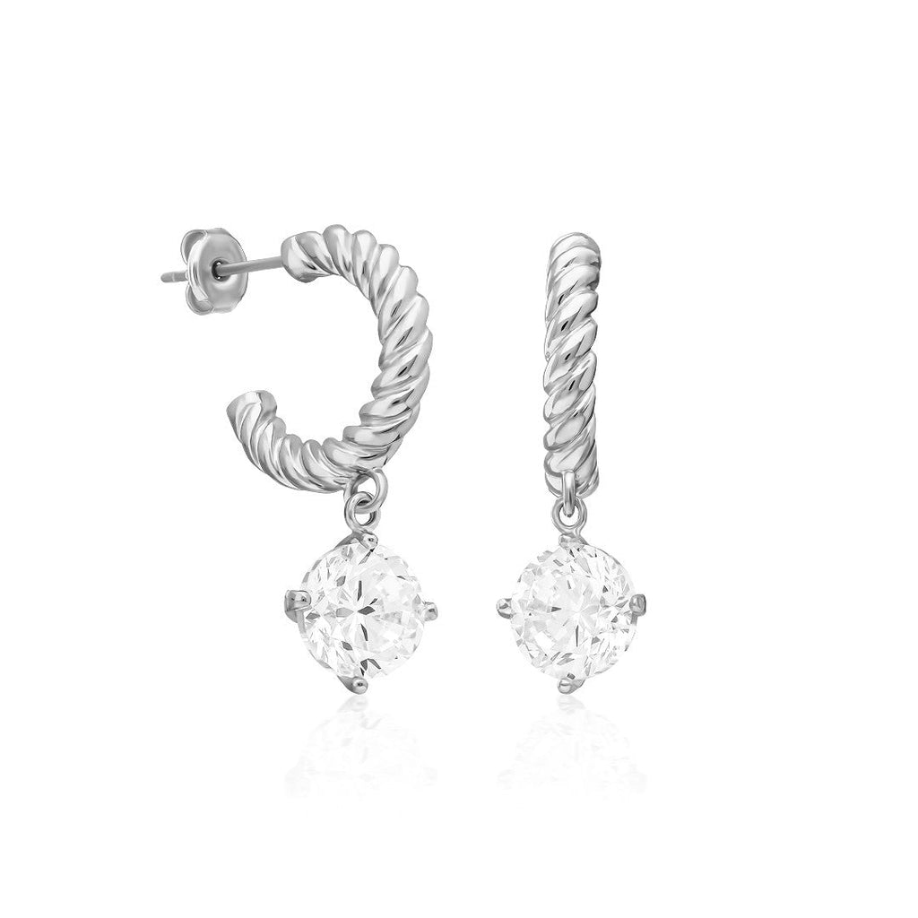 Bükülmüş Halkalı Tek Taş Küpe - 925 GÜMÜŞ