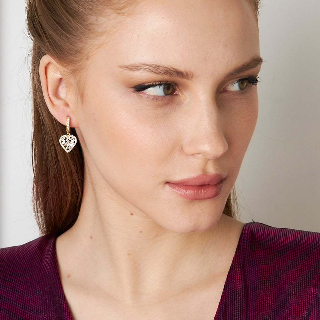 Baget Taşlı Büyük Kalp Küpe - 925 GÜMÜŞ