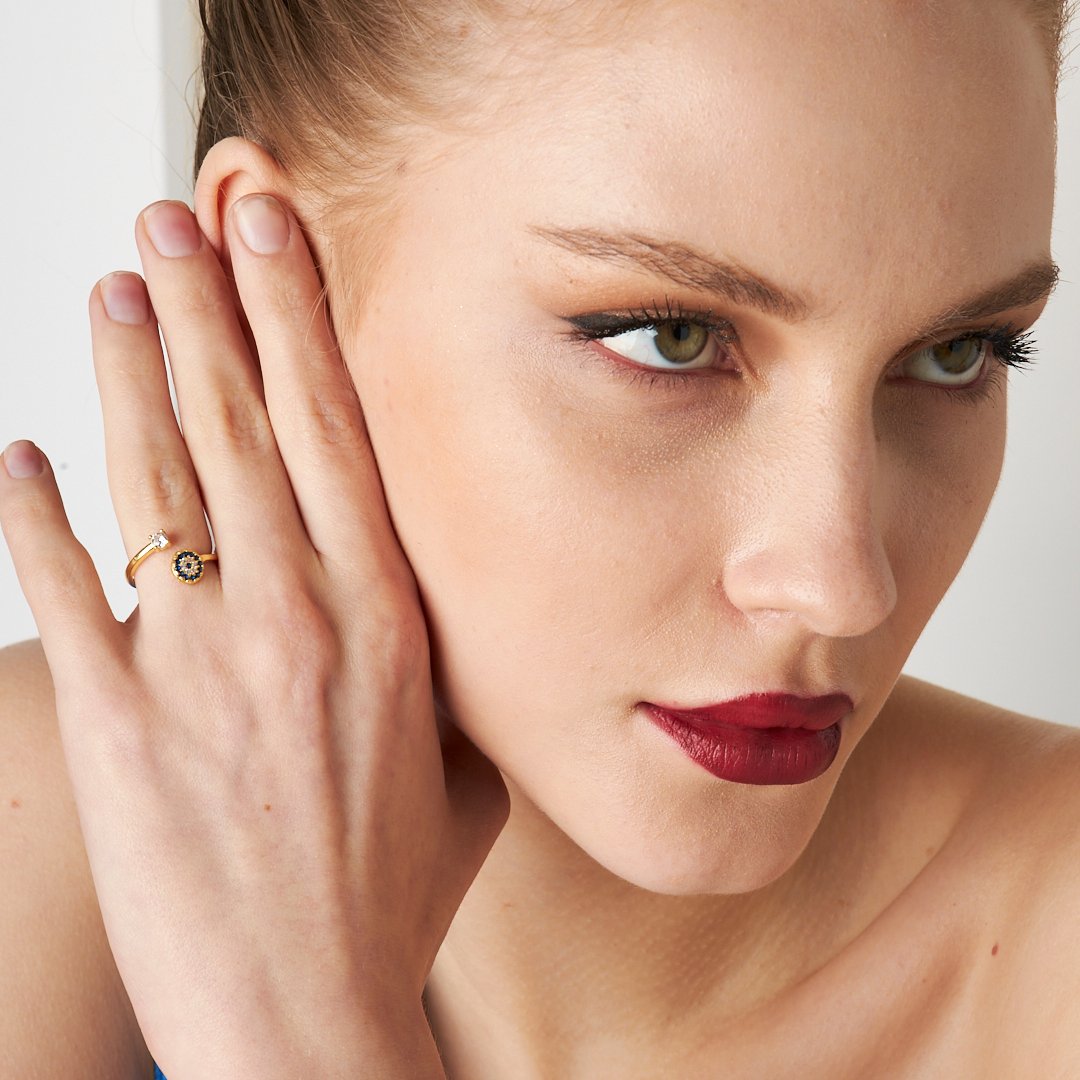 Nazar Desenli Tek Taş Yüzük - 925 GÜMÜŞ