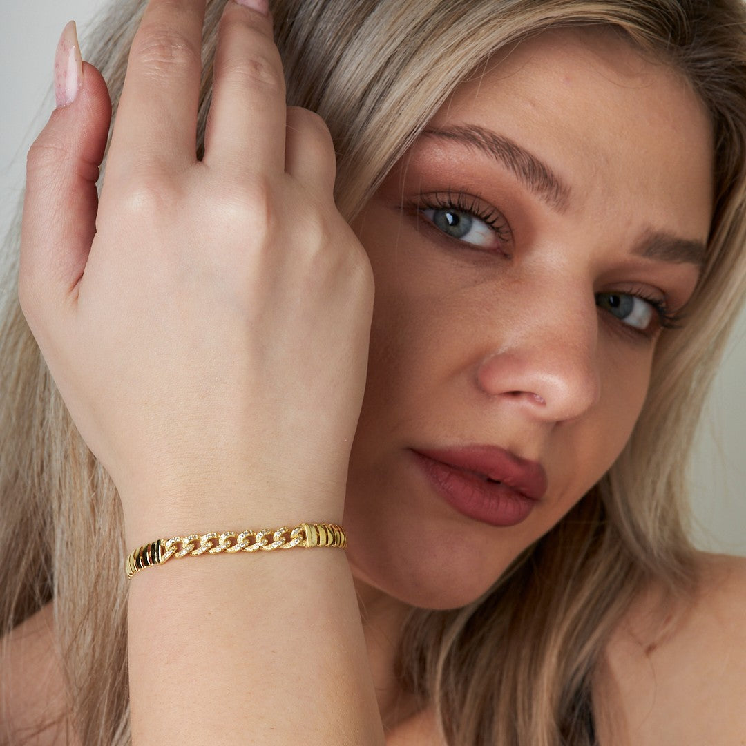 Balıksırtı Zincirli Ve Taşlı Gurme Bileklik - 925 GÜMÜŞ