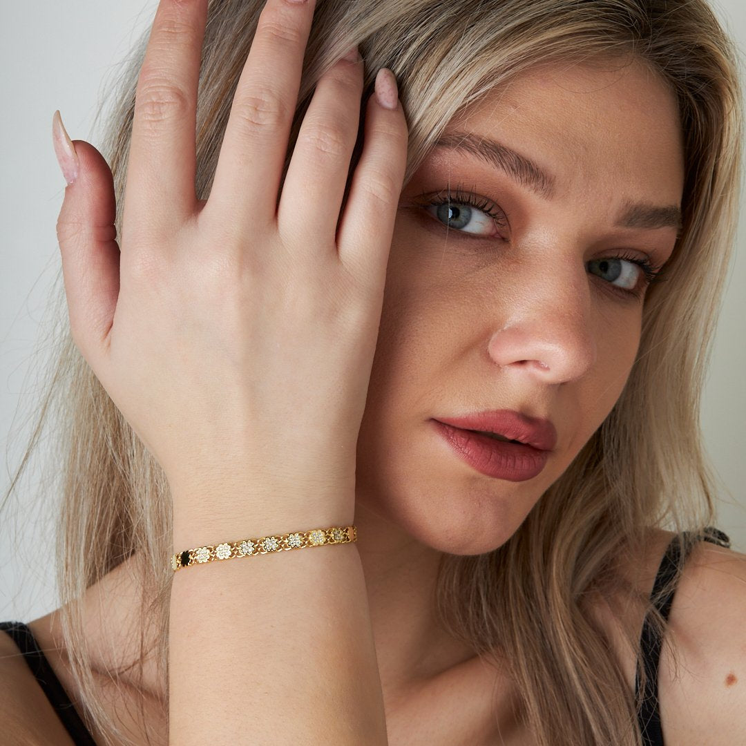 Yarı Dğerli Taşlı Yaprak Zincir Bileklik - 925 GÜMÜŞ