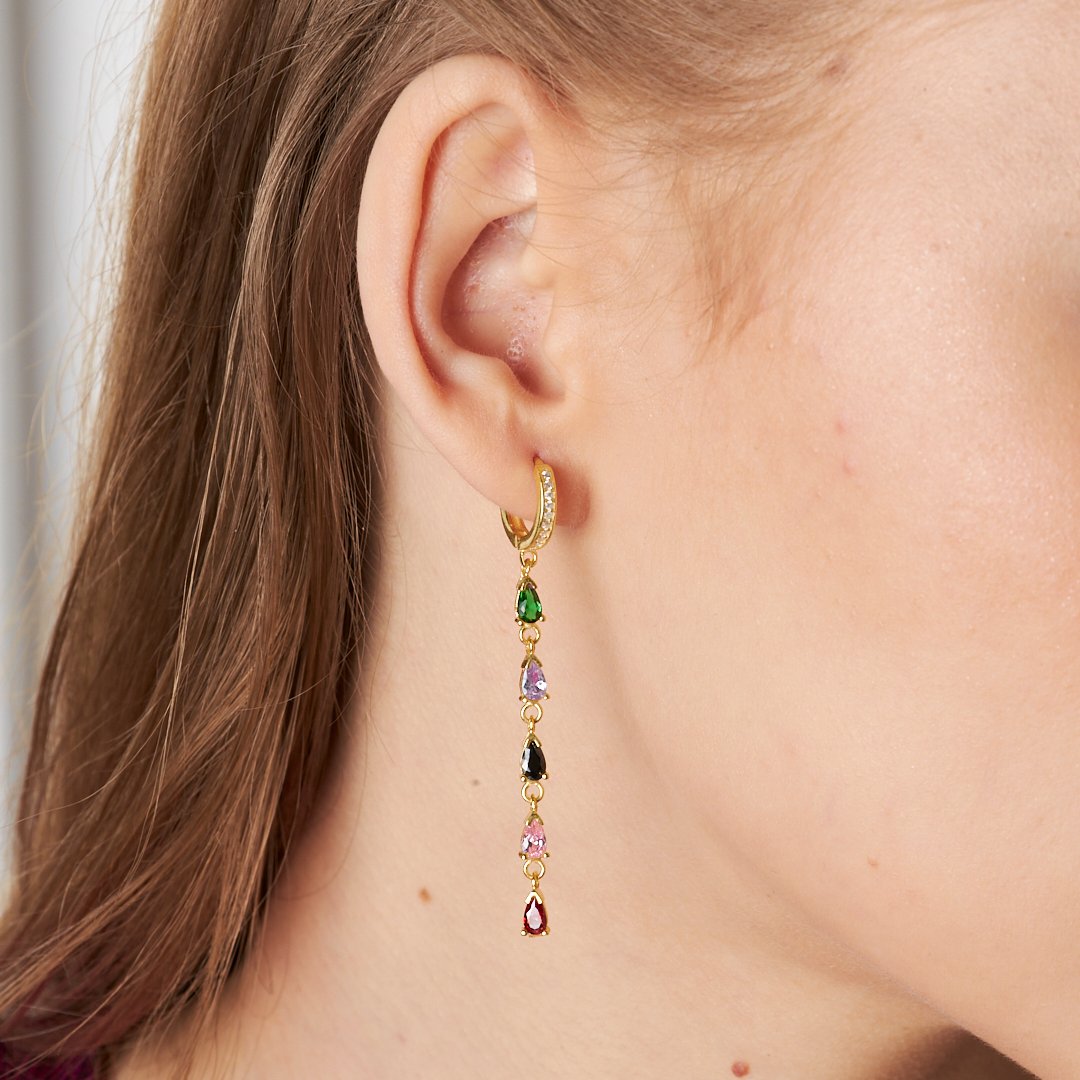 Renkli Taşlı Sarkan Küpeler - 925 GÜMÜŞ