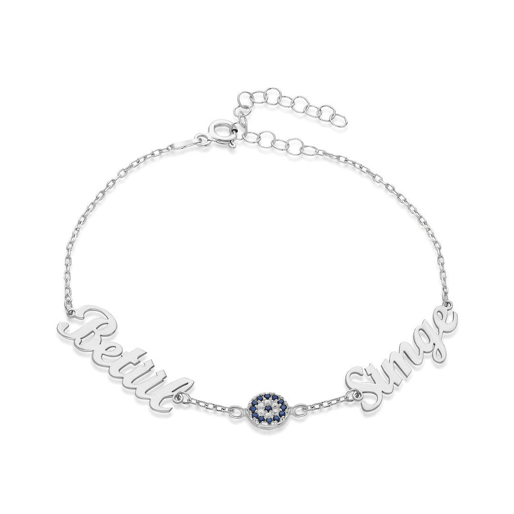 Nazar Taşlı İki İsimli Bileklik - 925 GÜMÜŞ