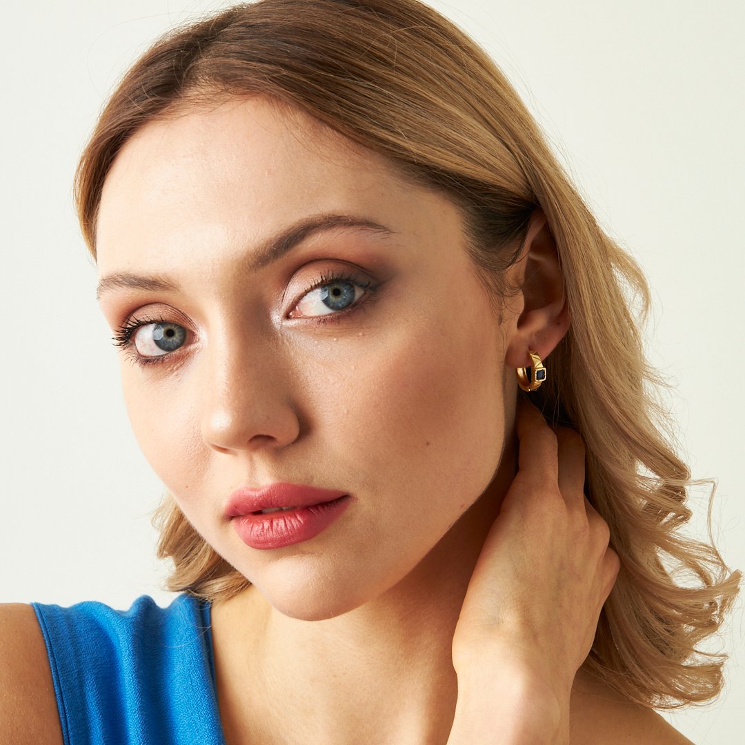 Lacivert Taşlı Çizgili Halka Küpe - 925 GÜMÜŞ