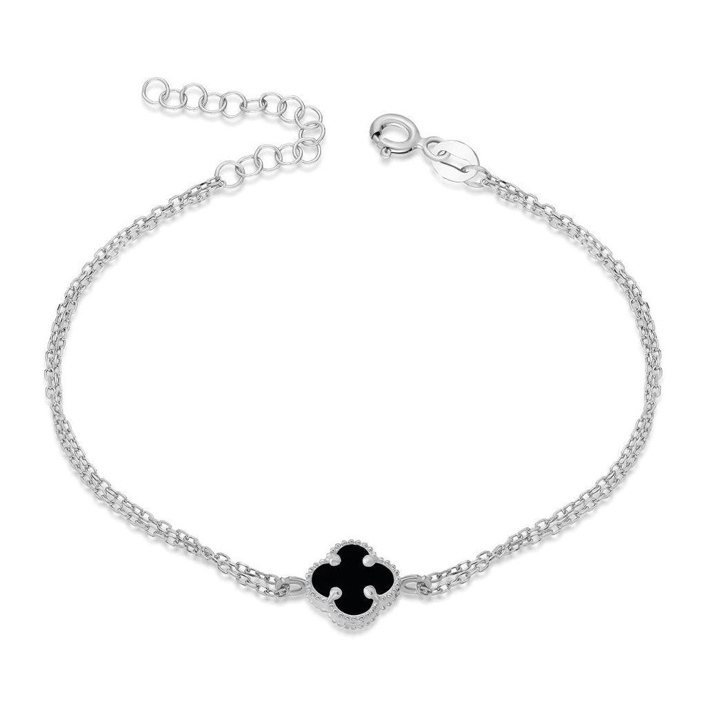 Siyah Taşlı Yonca Yaprağı Bileklik - 925 GÜMÜŞ