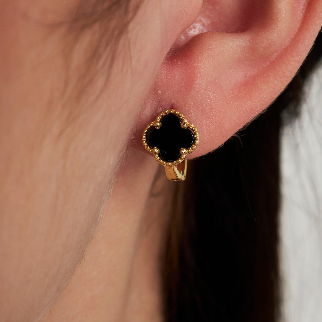 Siyah Taşlı Yonca Yaprağı Küpe - 925 GÜMÜŞ