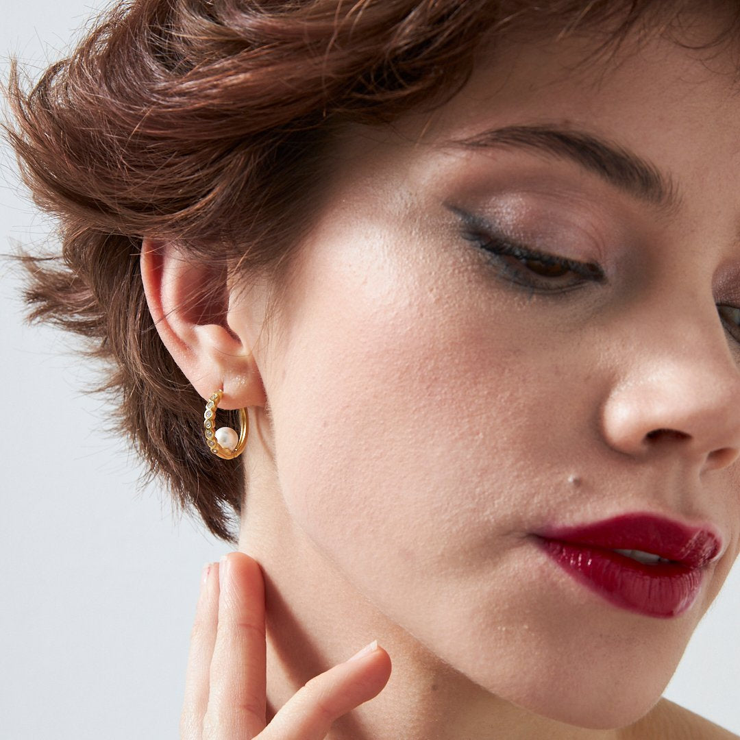 İnci Zincir Taşlı Küpeler - 925 GÜMÜŞ