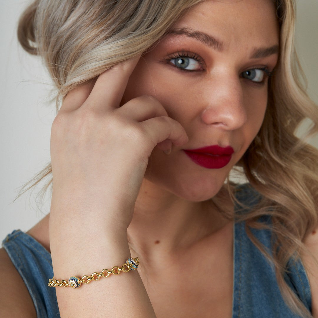 Kalın Zincirli Taşlı Nazar Bileklik - 925 GÜMÜŞ