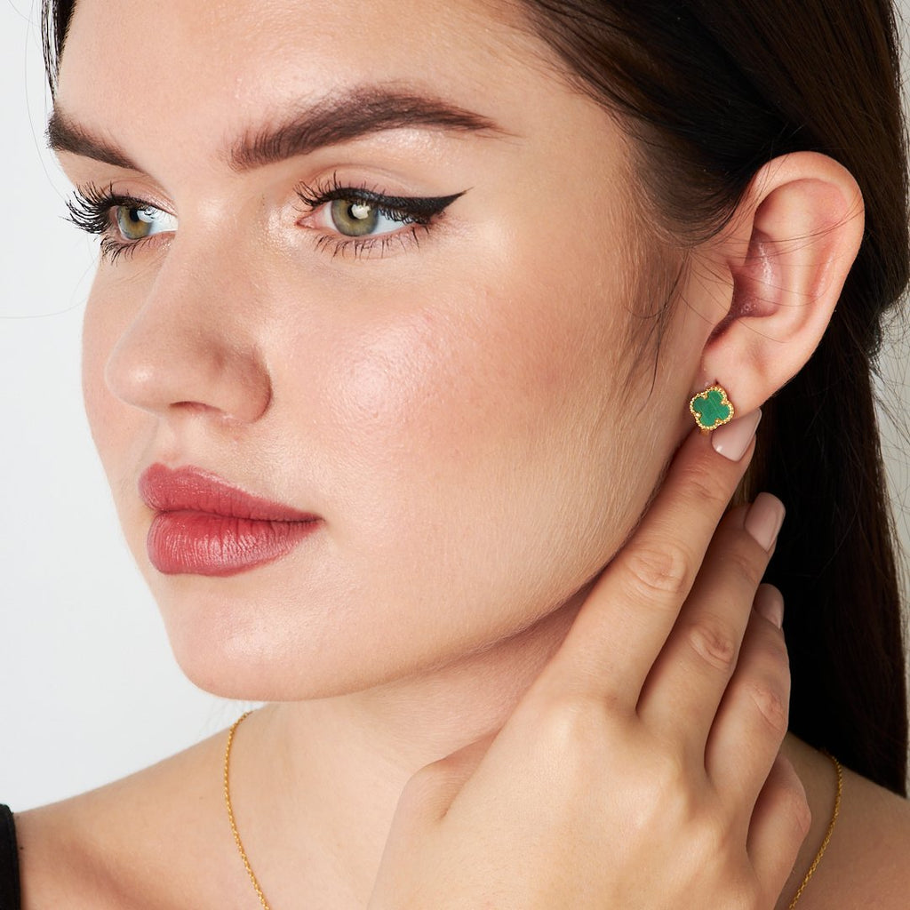 Yeşil Taşlı Yonca Yaprağı Küpe - 925 GÜMÜŞ