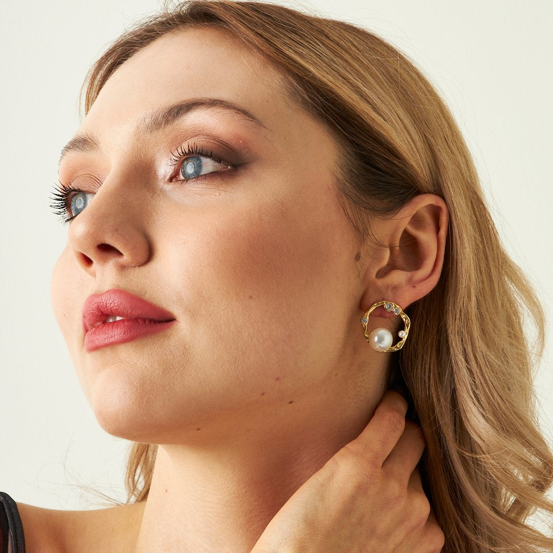 Büyük İnci Taşlı Halka Küpe - 925 GÜMÜŞ