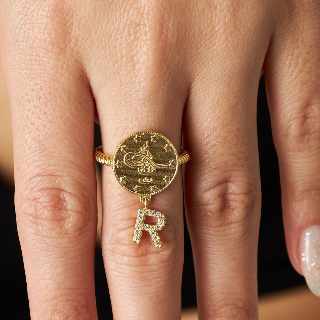 Modellenmiş çeyrek taşlı harf yüzük - 925 GÜMÜŞ