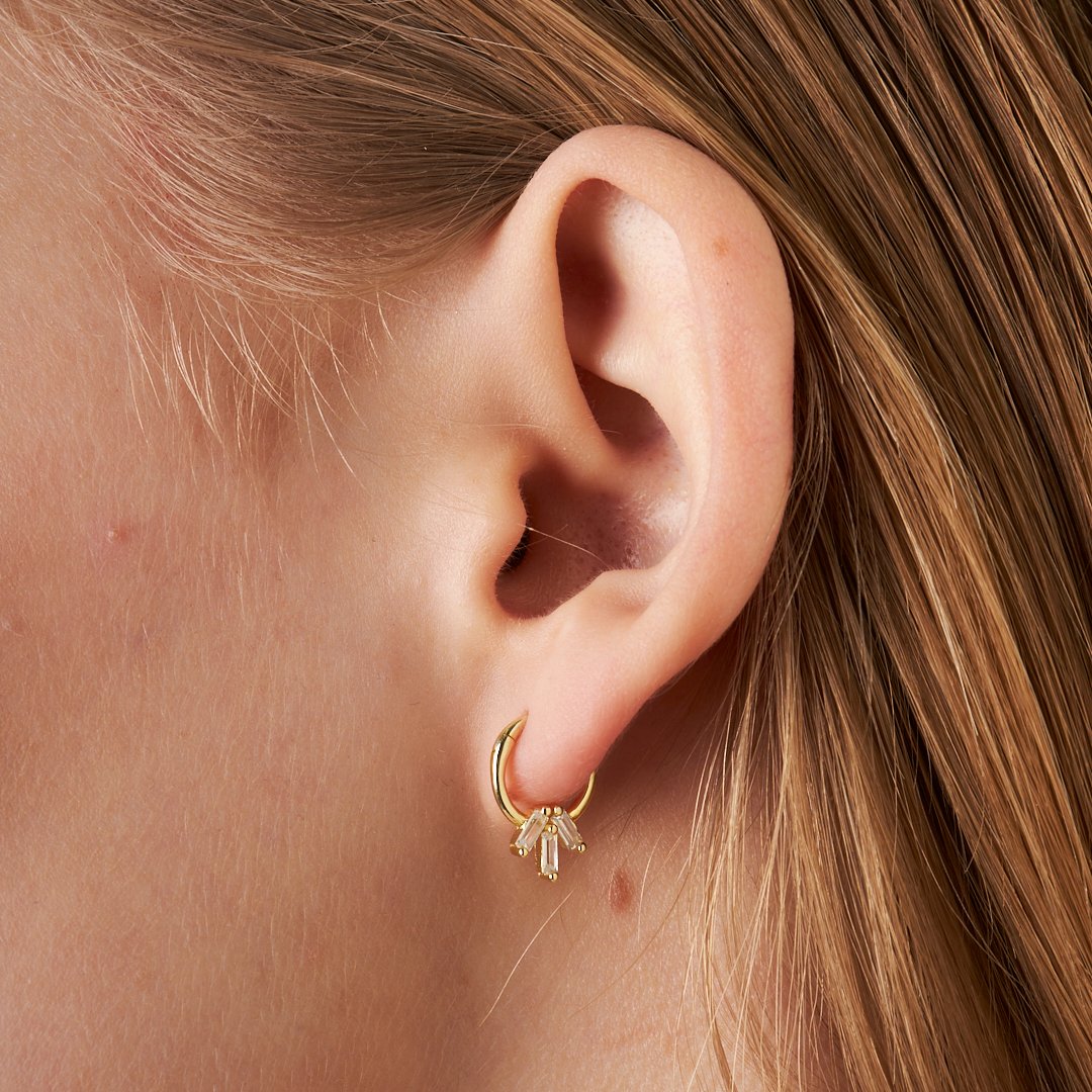 Üç Taşlı Baget Yuvarlak Piercing - 925 GÜMÜŞ